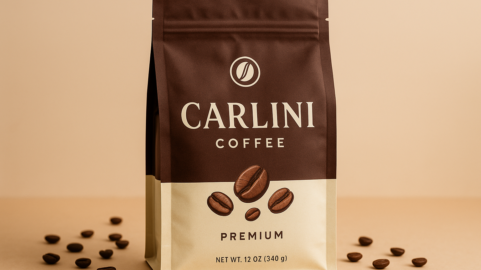 Fresh coffee beans sealed in foil-lined bags with one-way valves