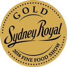 Gold medal seal for the 2016 Sydney Royal Fine Food Show, featuring elegant typography.