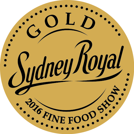Gold medal seal for the 2016 Sydney Royal Fine Food Show, featuring elegant typography.