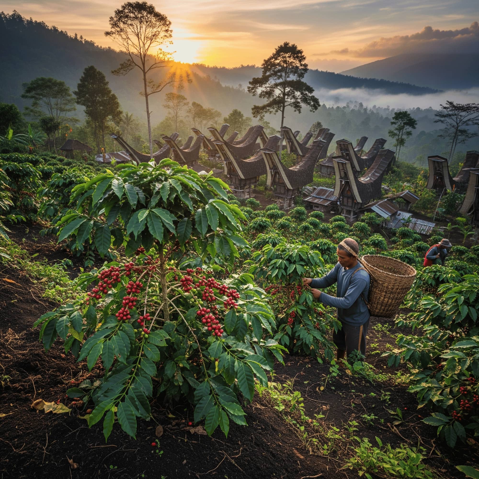 Farmer harvesting coffee beans in Sulawesi at a plantation with a scenic sunset.