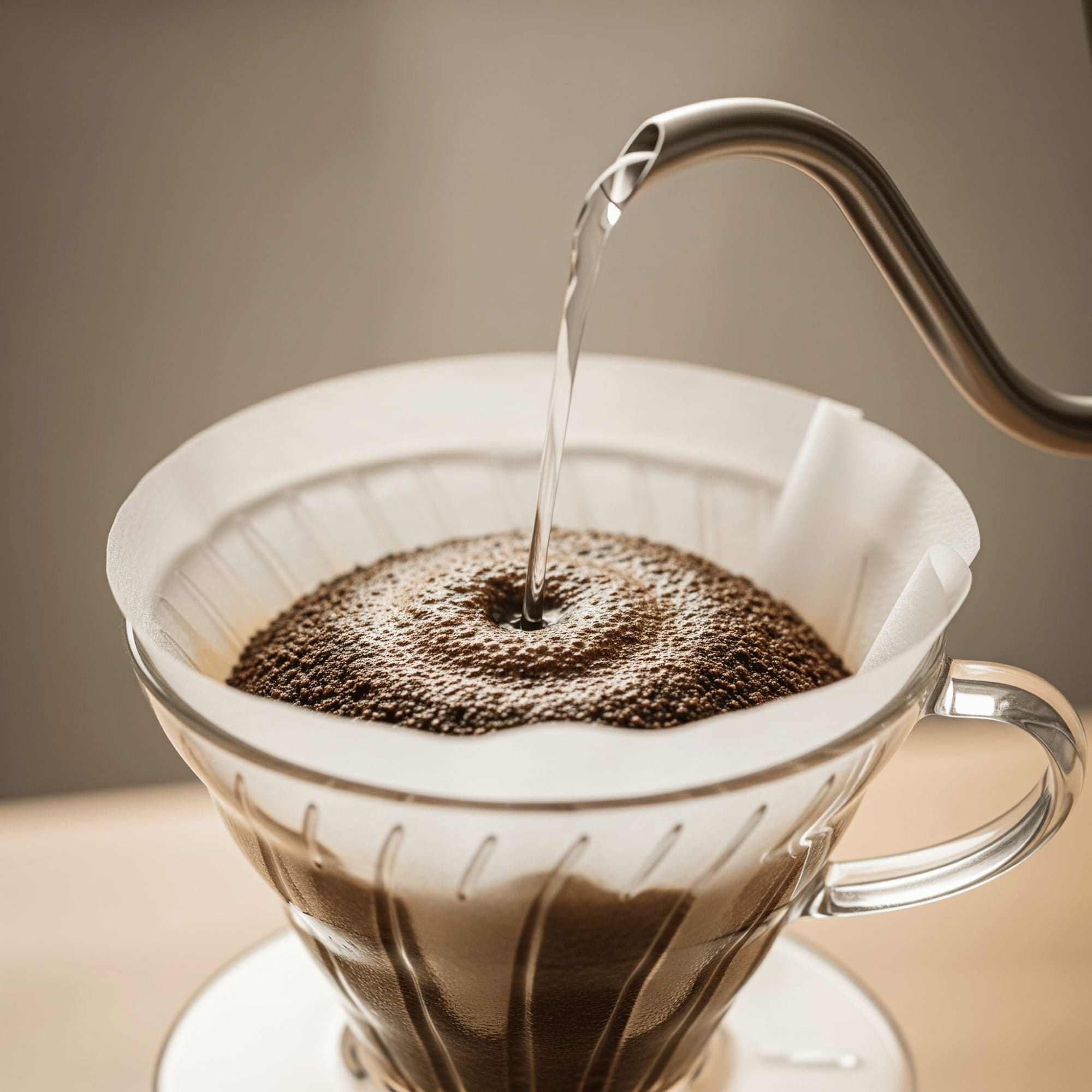 Coffee being poured into a glass coffee filter with a blurred background