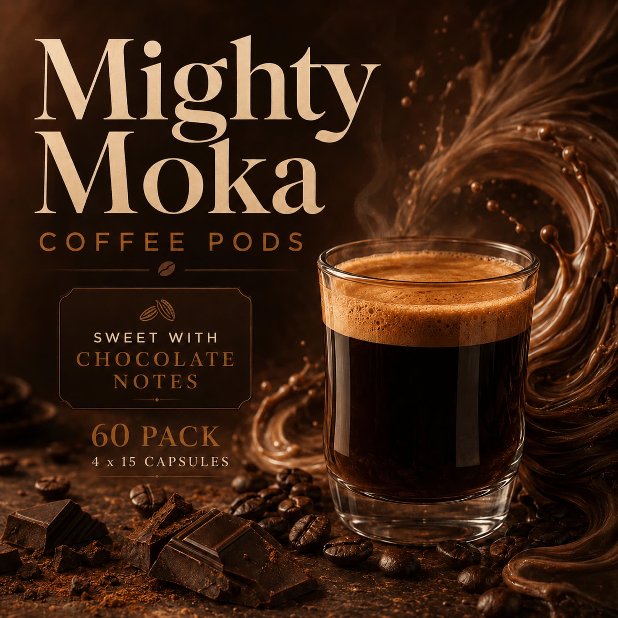 Mighty Moka Coffee Pods 60-pack chocolate note flavor, featuring a glass of espresso with crema, coffee beans, chocolate pieces, and rich chocolate liquid swirls on a dark background.