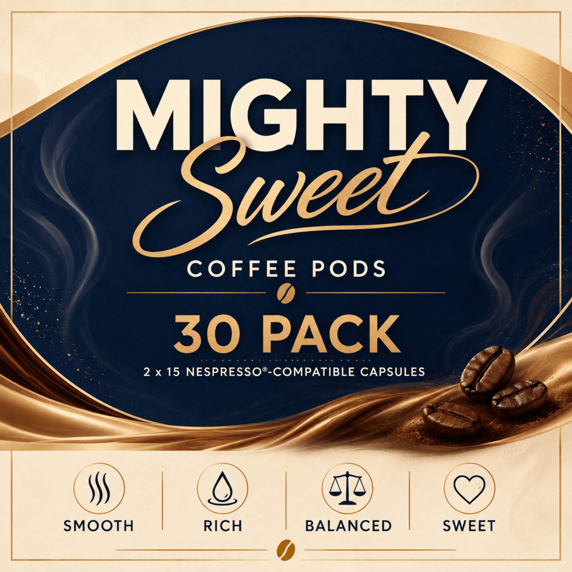 Promotional graphic for a 30-pack of Mighty Sweet Coffee Pods, featuring a dark navy blue and gold design with coffee bean illustrations and four feature icons for smoothness, richness, balance, and sweetness.
