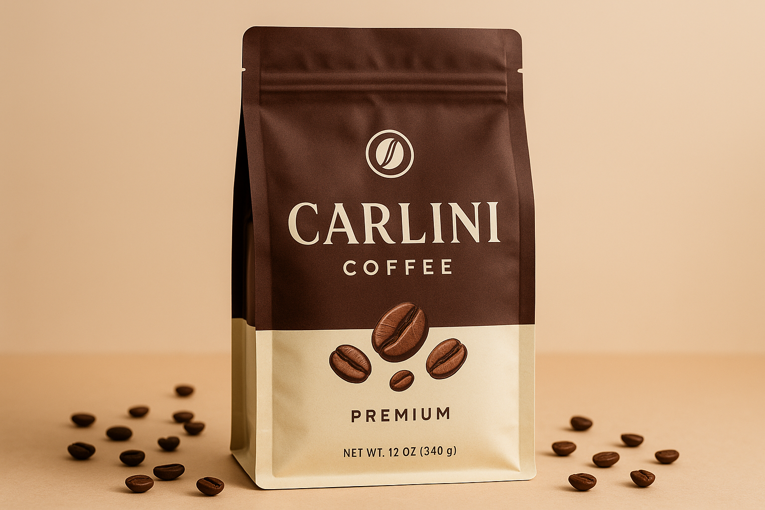 Fresh coffee beans sealed in foil-lined bags with one-way valves