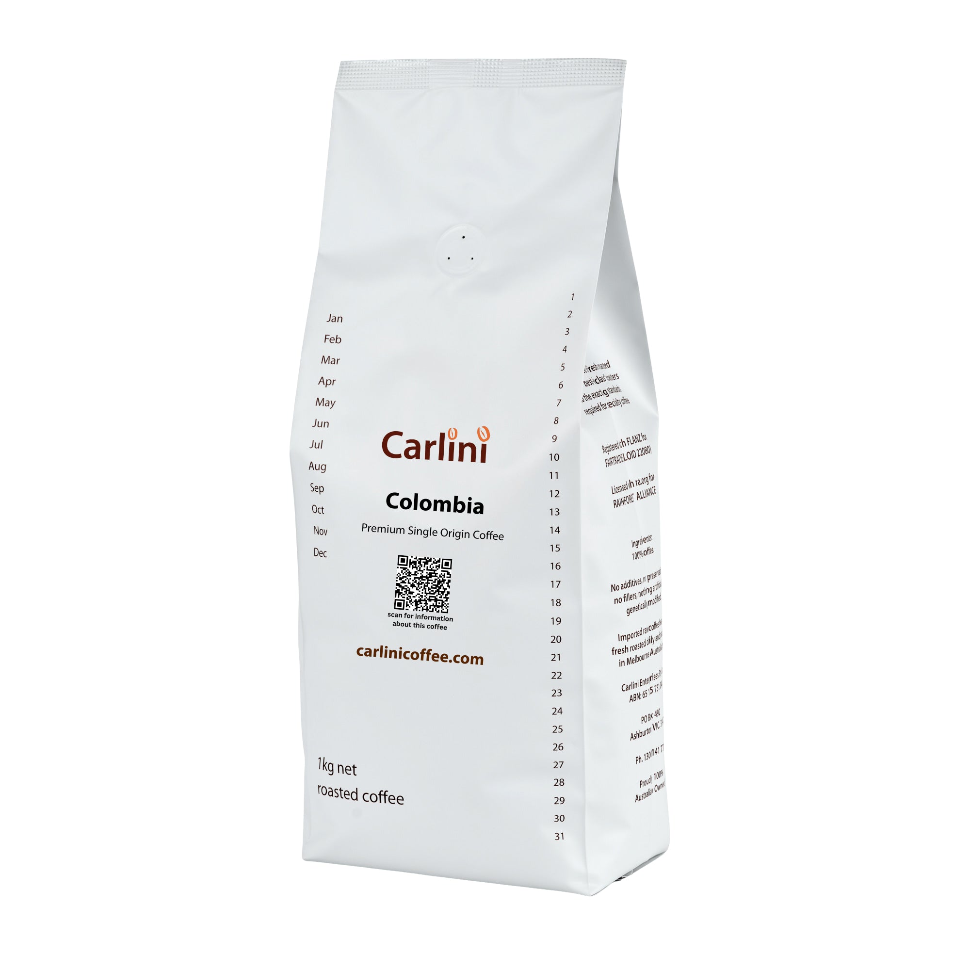 Carlini Coffee 1kg pack of quality single origin Colombia coffee beans