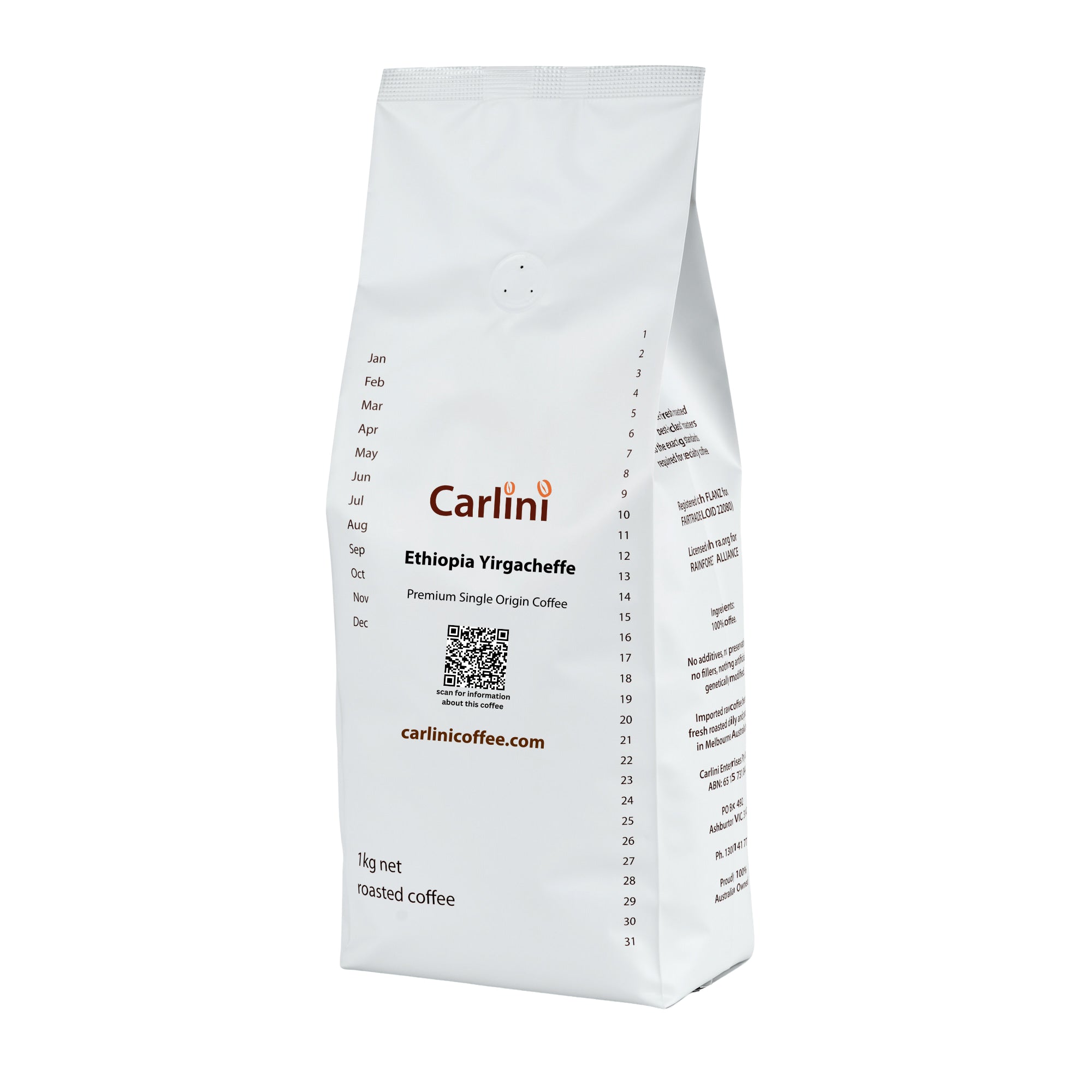 Carlini Coffee 1kg pack of Ethiopia Yirgacheffe premium quality single origin coffee
