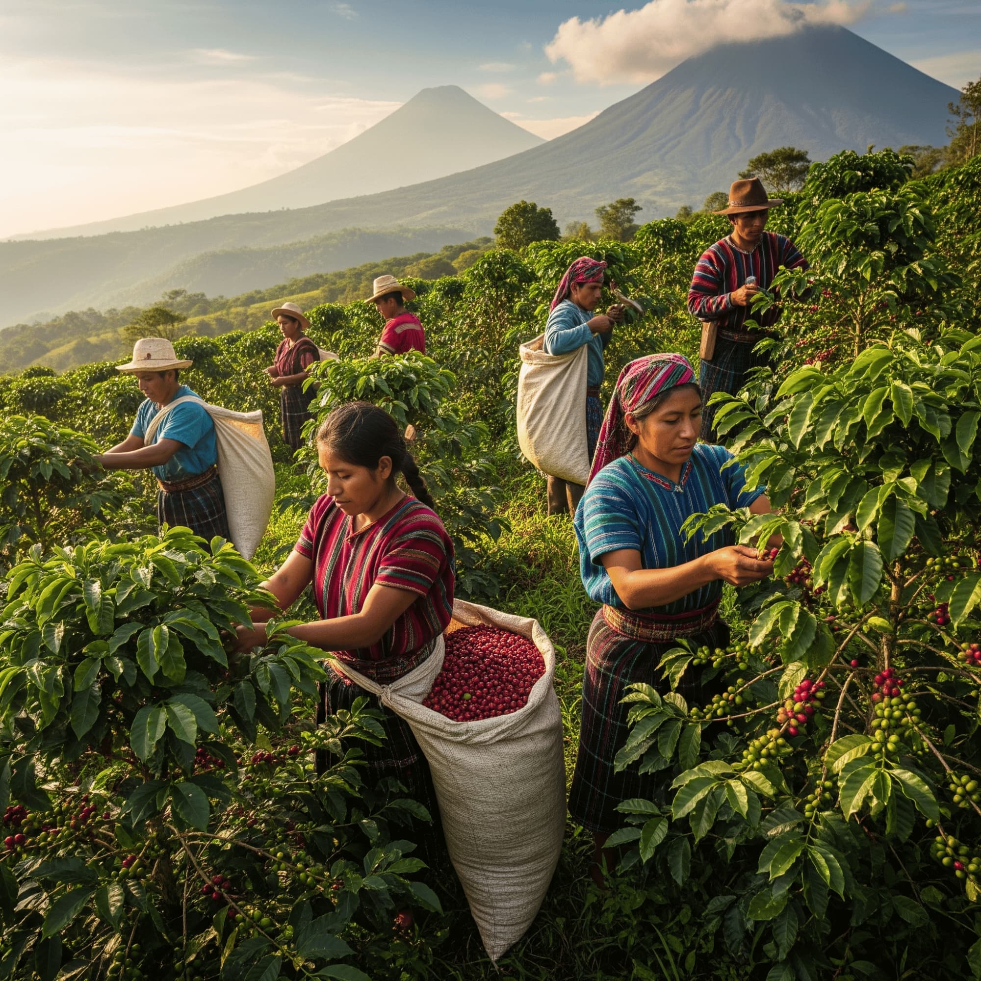 Guatemala coffee farmers picking cherries