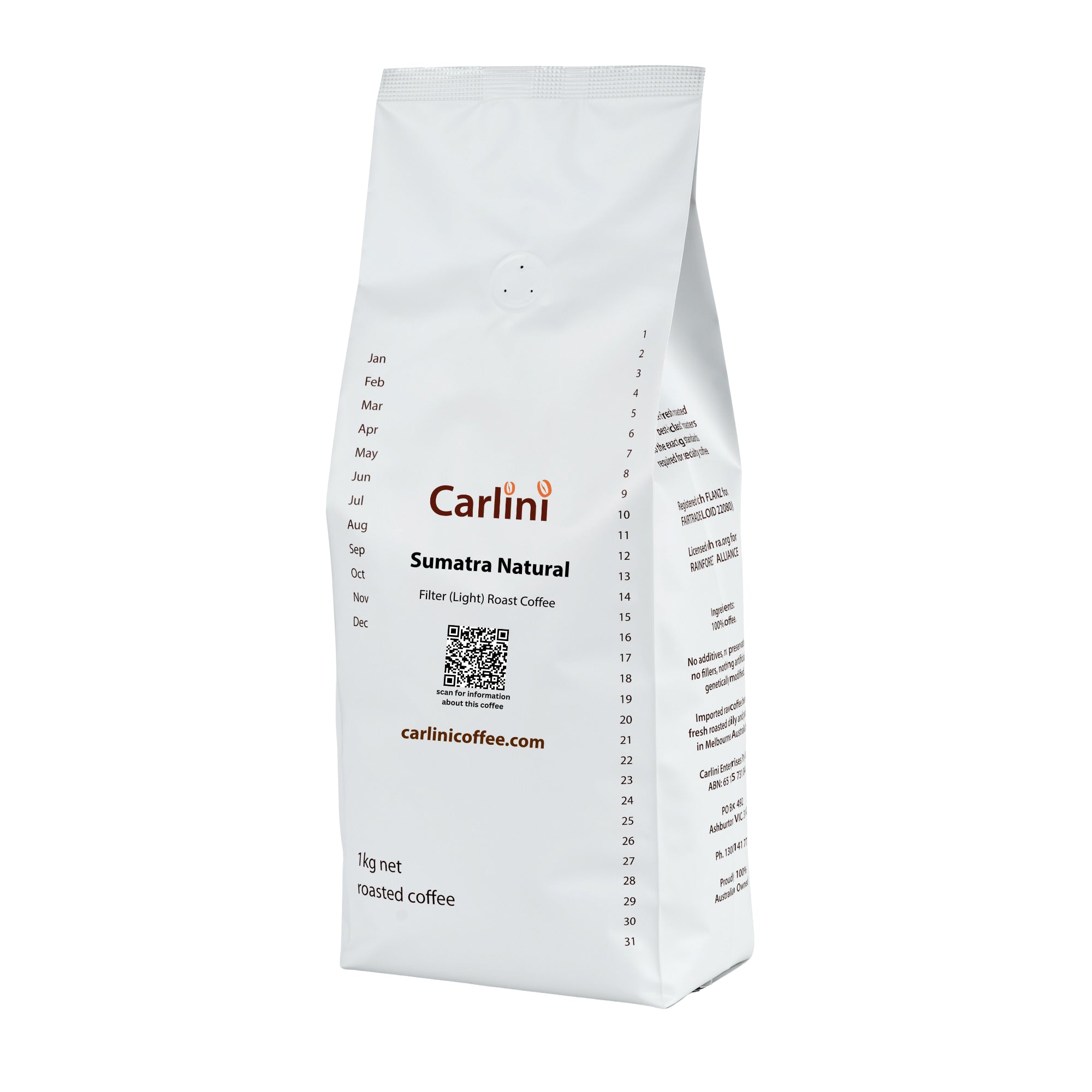 Carlini Coffee Sumatra Filter Roast 1kg pack size