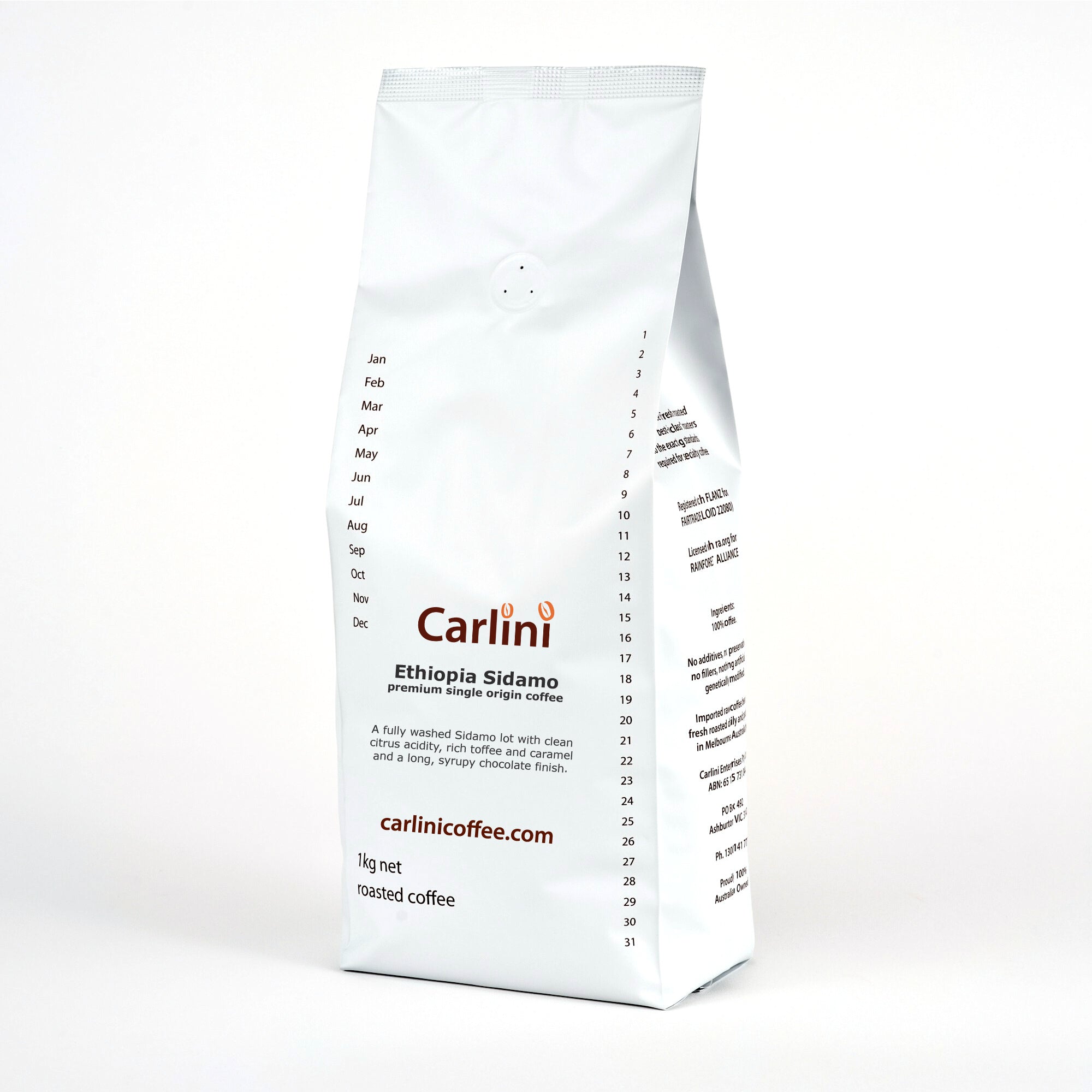 Carlini Coffee 1kg pack of premium single origin Ethiopia Sidamo coffee