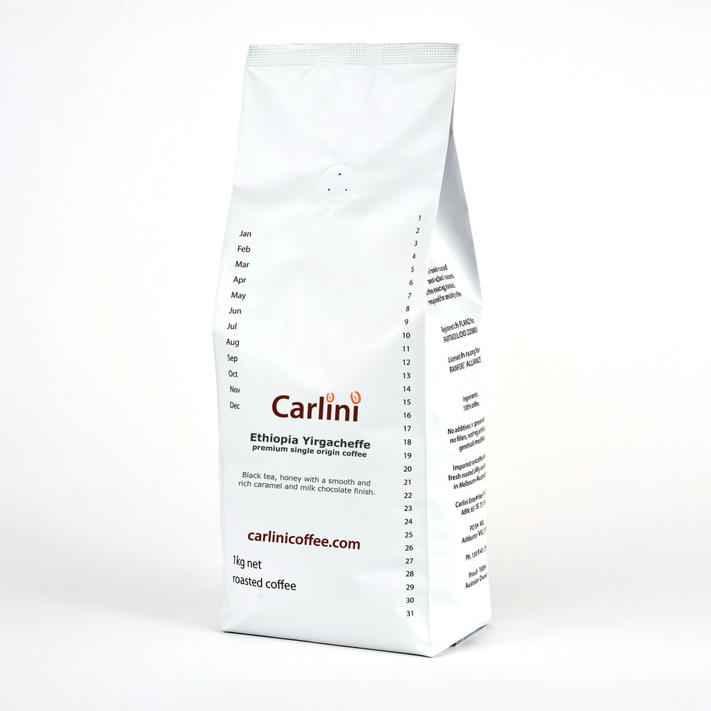 Carlini Coffee 1kg pack of Ethiopia Yirgacheffe premium quality single origin coffee